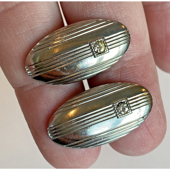 Vintage Mid Century Cufflinks Atomic Age Jewelry Silvertone & White Rhinestone - Picture 7 of 7